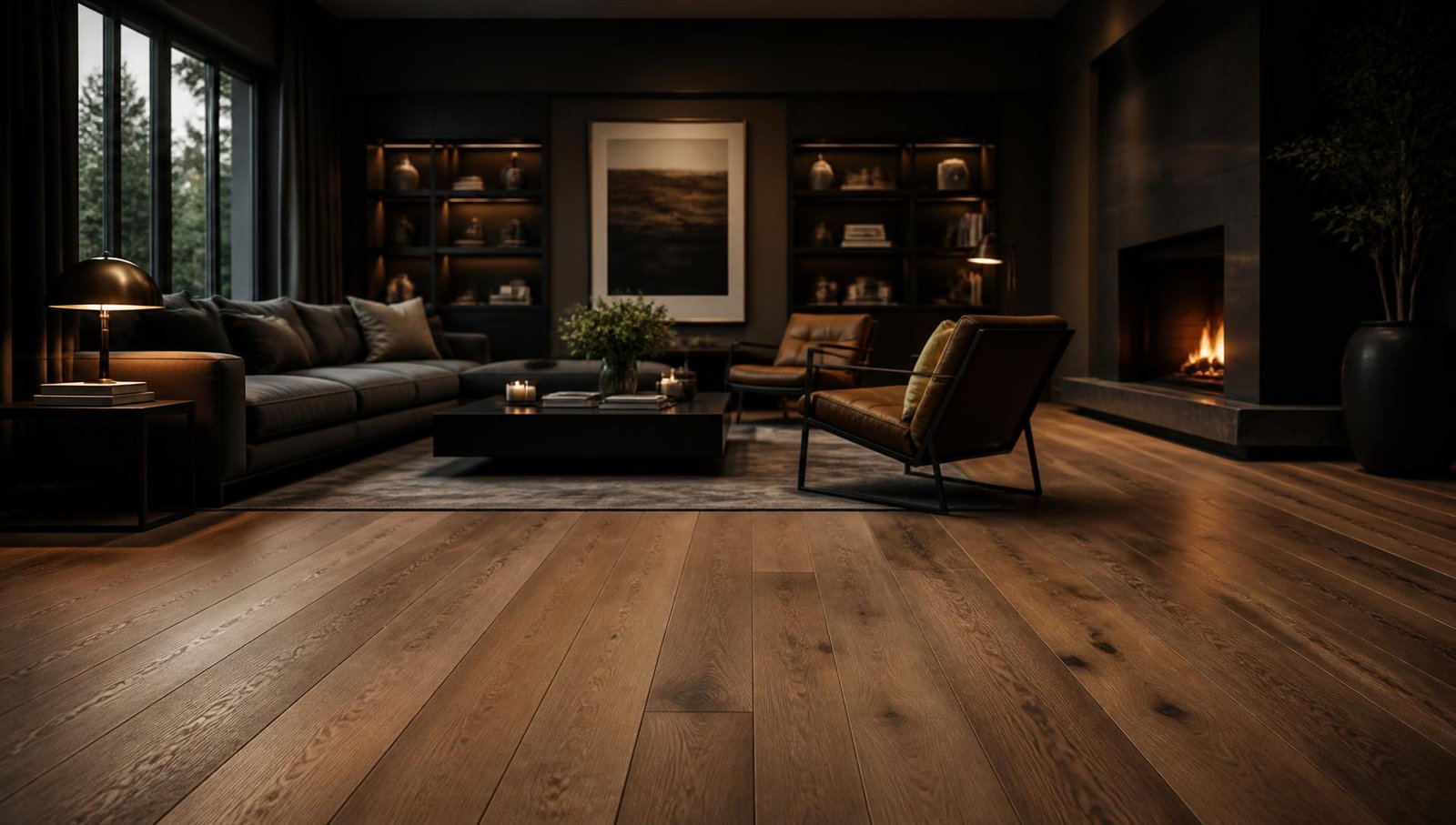 Wide-plank hardwood flooring in a luxury living room